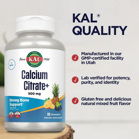 KAL Calcium Citrate Chewables – 500 mg, 60 Count – Mixed Fruit Flavor