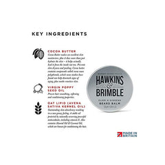 Hawkins & Brimble Beard Balm packaging highlighting natural ingredients and certifications