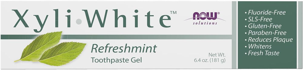 XyliWhite toothpaste ingredients panel with xylitol papain peppermint and spearmint oils