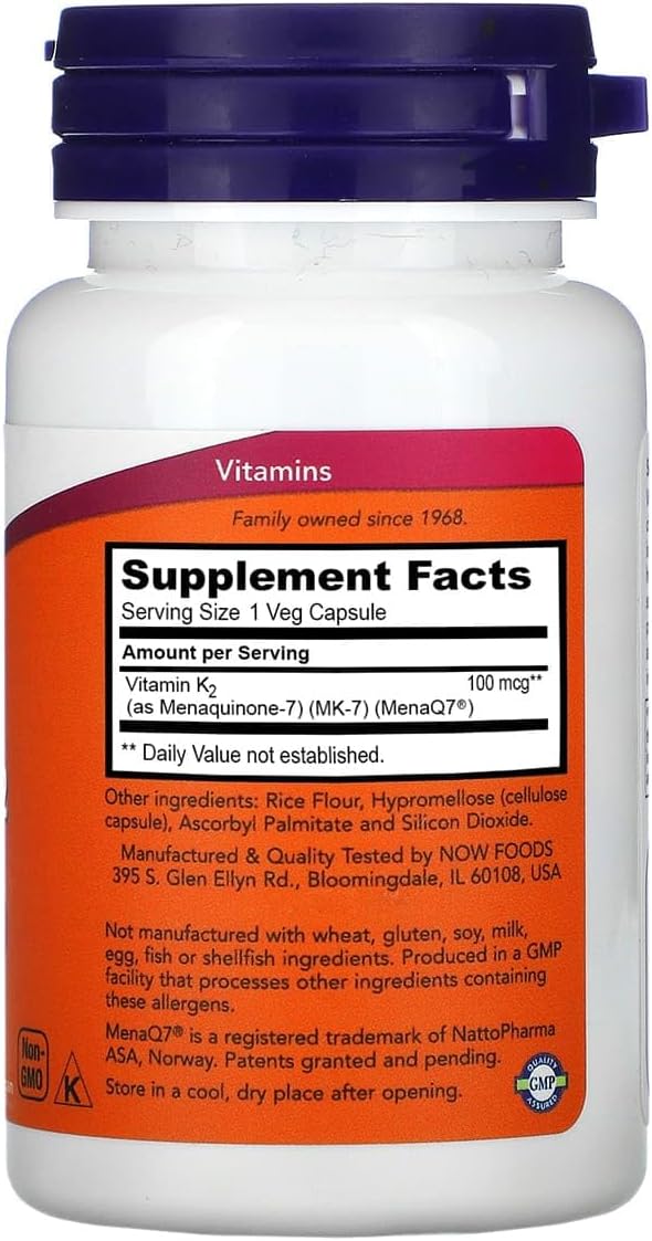 NOW Foods Vitamin K-2 MK-7 100 mcg bottle, 60 veg capsules for bone health support