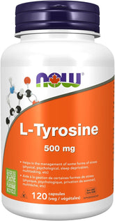 NOW L-Tyrosine 500 mg supplement bottle for cognitive wellness and glandular function support.