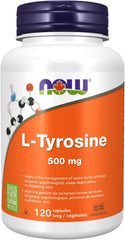 NOW L-Tyrosine 500 mg supplement bottle for cognitive wellness and glandular function support.