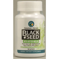 "Front label of Amazing Herbs Black Seed + Glymordica supplement"