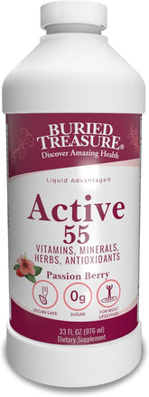 Buried Treasure Active 55 Plus dietary supplement bottle with 32 servings for healthy aging