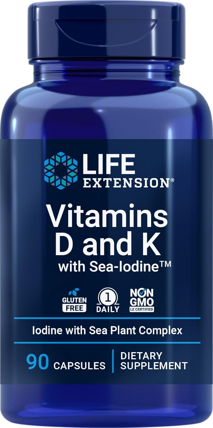 Vitamin D3, vitamin K and iodine benefits infographic for Life Extension Sea-Iodine formula