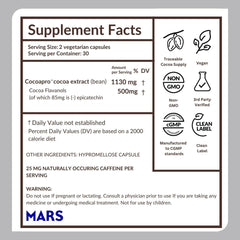 CocoaVia supplement facts label showing cocoa flavanols and antioxidant ingredients
