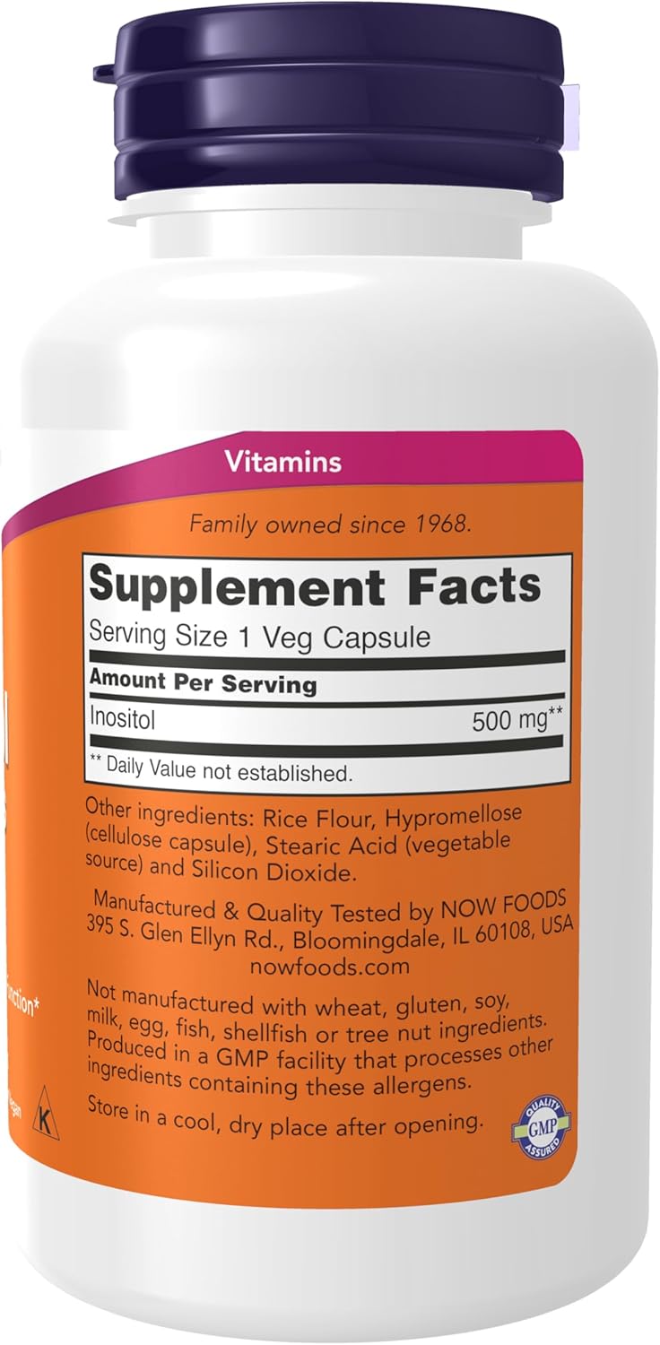 NOW Foods Inositol 500 mg bottle, 100 vegan capsules for cellular health support