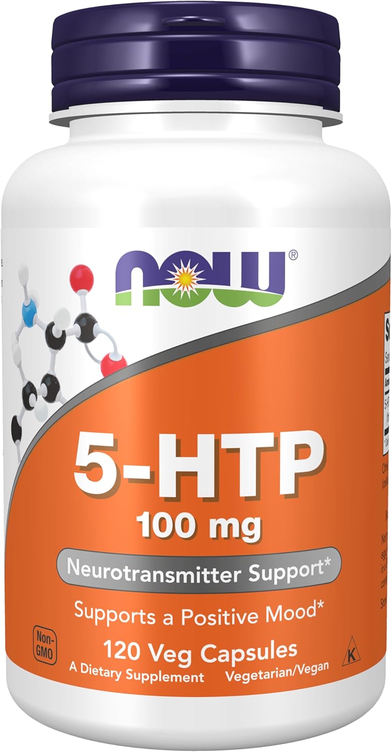 NOW 5-HTP 100 mg supplement bottle for relaxation and positive mood support.