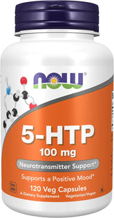 NOW 5-HTP 100 mg supplement bottle for relaxation and positive mood support.