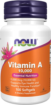 Supplement facts label for NOW Foods Vitamin A 10,000 IU softgels