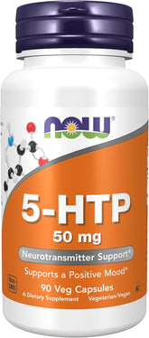 NOW 5-HTP 50 mg capsules for daily neurotransmitter and wellness support.