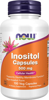 NOW Supplements Inositol 500 mg veg capsules bottle for nervous system and cell support