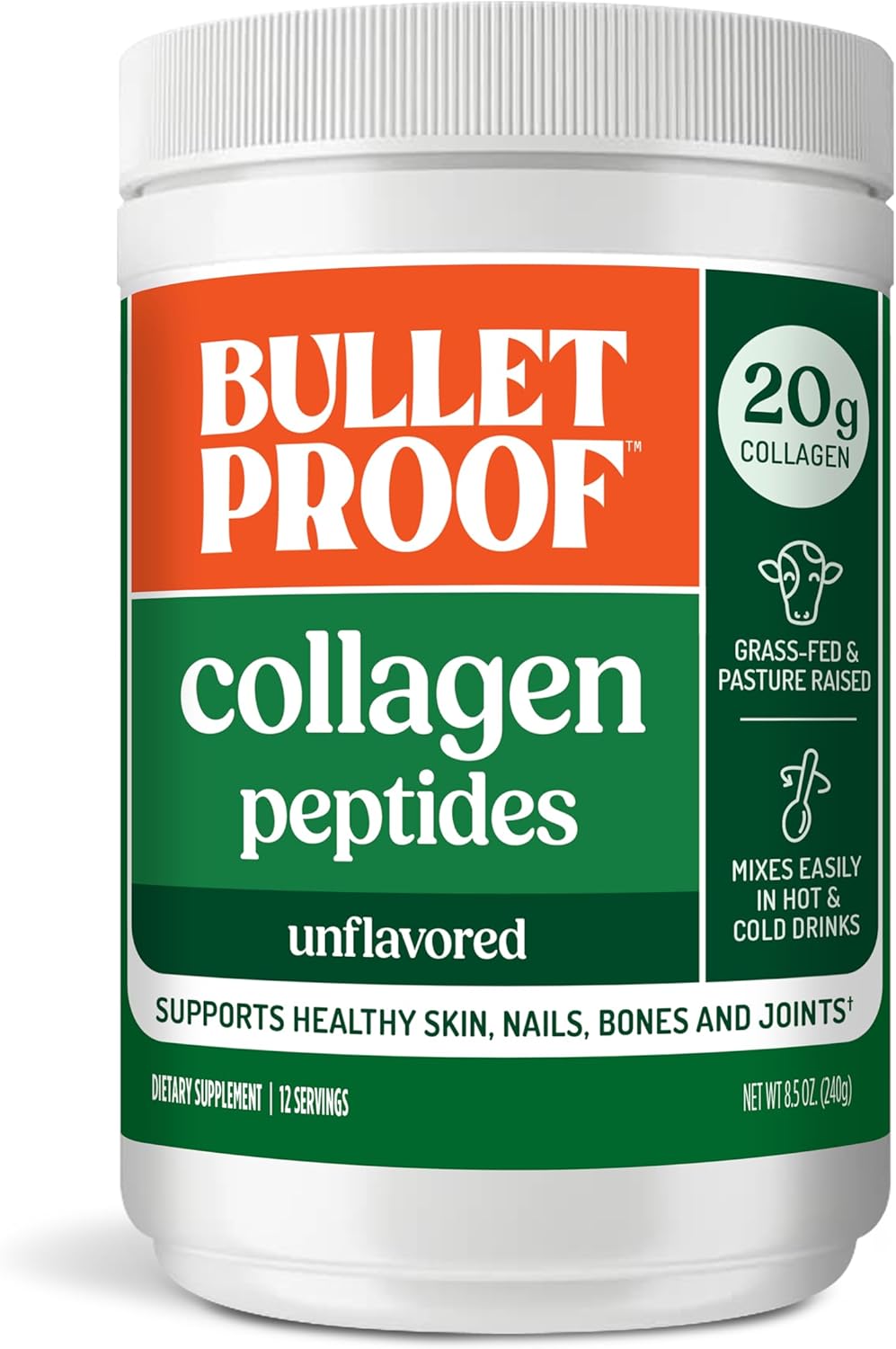 Bulletproof collagen powder jar with unflavored keto-friendly protein formula