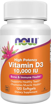 Supplement facts label for NOW Foods Vitamin D3 10,000 IU softgels
