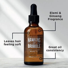 Close-up of Hawkins & Brimble Beard Oil highlighting the Elemi & Ginseng ingredients