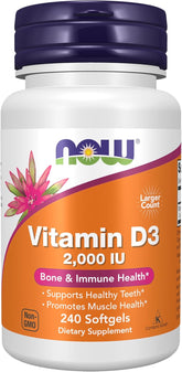 Supplement facts label for NOW Foods Vitamin D3 2,000 IU softgels