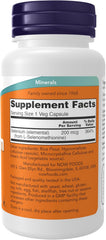 NOW Selenium 200 mcg supplement facts label showing 364% daily value per capsule