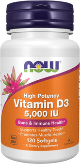Supplement facts label for NOW Foods Vitamin D3 5,000 IU softgels