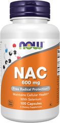 NOW N-Acetyl Cysteine 600 mg vegan capsules with molybdenum for glutathione support.
