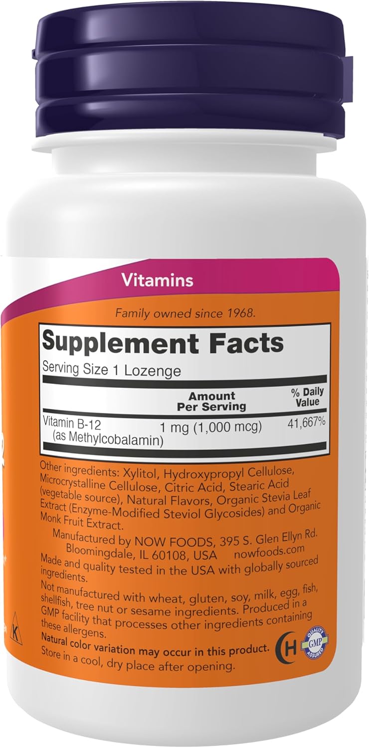NOW Methyl B-12 1000 mcg bottle with methylcobalamin, 100 lozenges for nervous system support