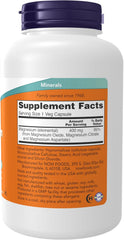 NOW Magnesium 400 mg supplement facts label with oxide, citrate, and aspartate forms