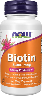 NOW Supplements Biotin 5000 mcg veg capsules bottle for skin health and daily wellness