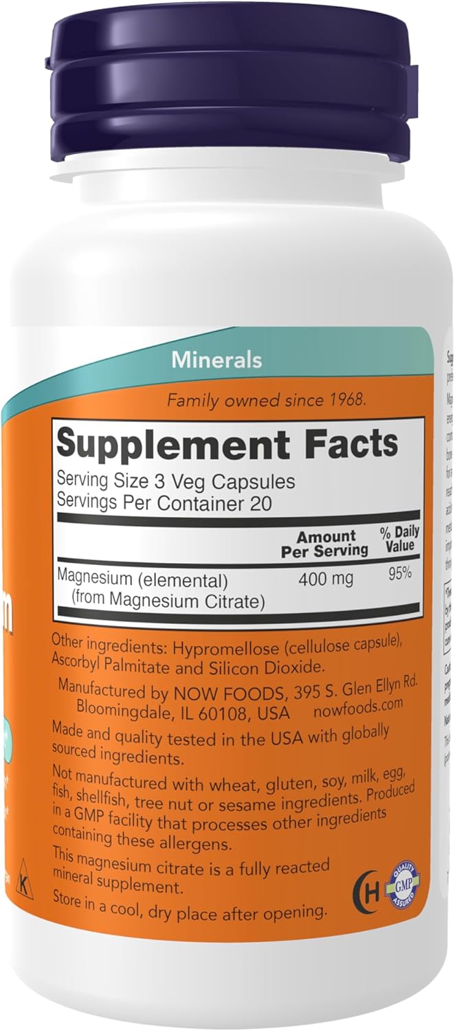 NOW Magnesium Citrate supplement facts label with 400 mg magnesium per serving