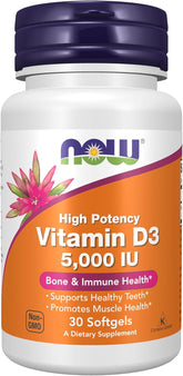 Supplement facts label for NOW Foods Vitamin D3 5,000 IU softgels