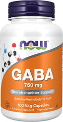 NOW GABA 750 mg 100 Veg Capsules bottle with non-GMO supplement label.