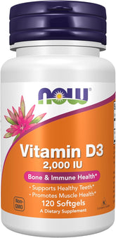Supplement facts label for NOW Foods Vitamin D3 2,000 IU softgels