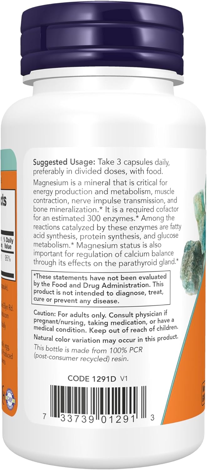 NOW Foods Magnesium Citrate bottle, 60 vegan capsules for nervous system support