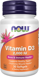 Supplement facts label for NOW Foods Vitamin D3 2,000 IU softgels