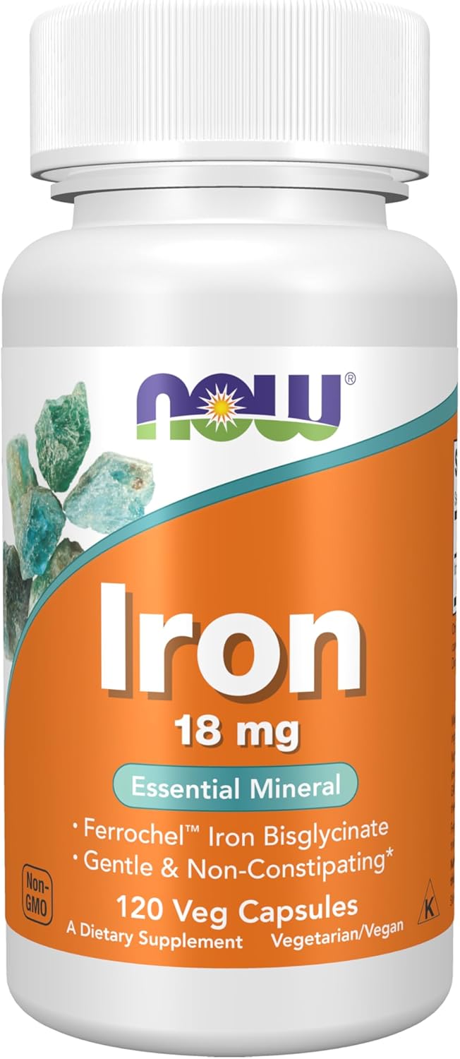 NOW Foods Iron 18 mg vegan capsules for immune health and oxygen transport support