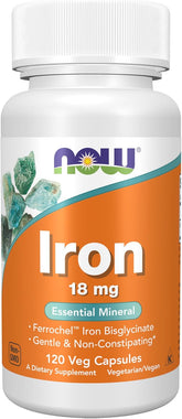 NOW Foods Iron 18 mg vegan capsules for immune health and oxygen transport support