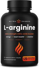 Nutra Champs L-Arginine nitric oxide booster bottle with 120 vegan capsules