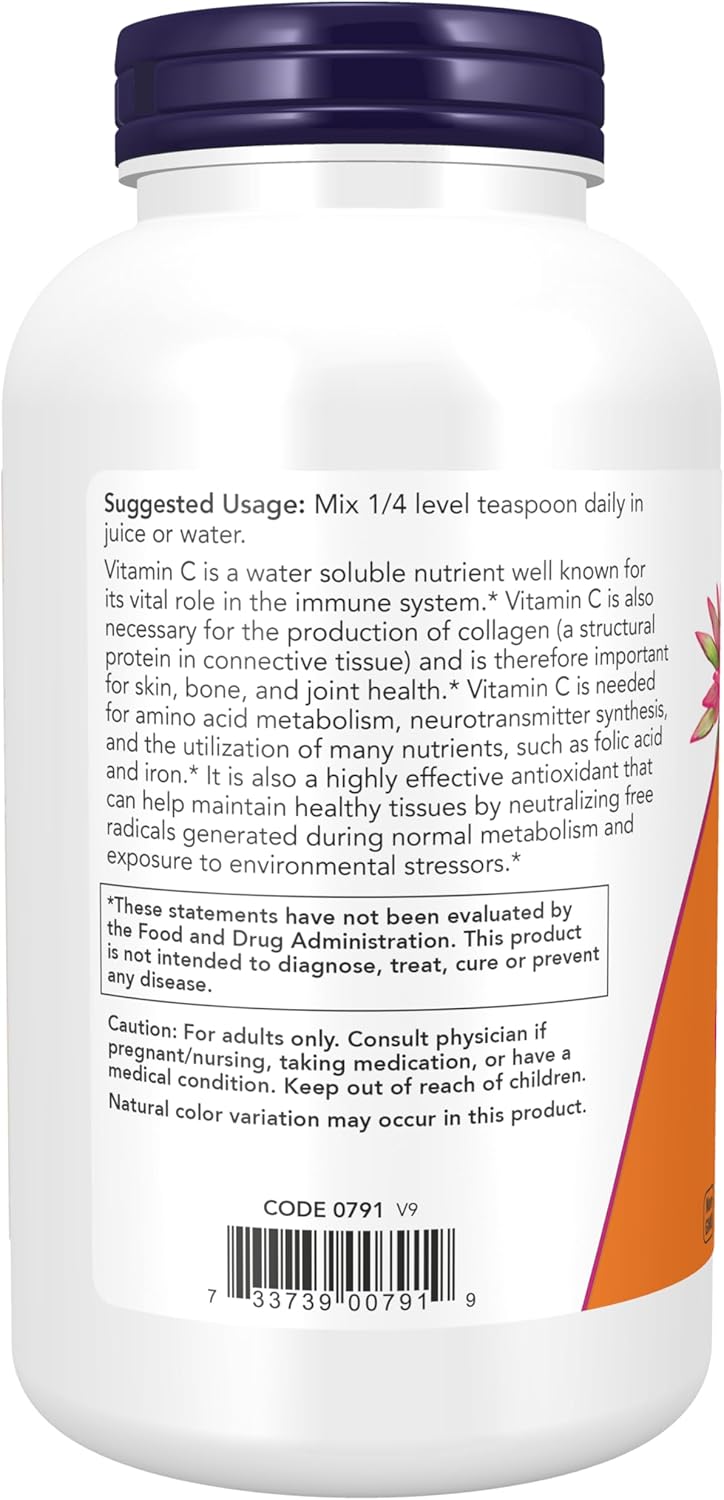 NOW Vitamin C powder supplement facts label showing 1100 mg vitamin C per serving