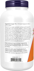 NOW Vitamin C powder supplement facts label showing 1100 mg vitamin C per serving