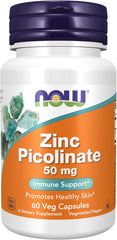 NOW Zinc Picolinate supplement facts label showing 50 mg zinc per capsule
