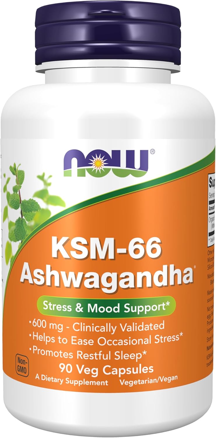 KSM-66 Ashwagandha 600 mg bottle for stress and mood support, 90 veg capsules