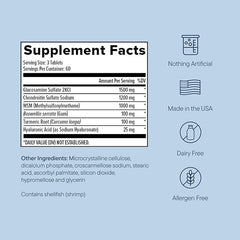 Joint support supplement facts label with glucosamine chondroitin MSM and hyaluronic acid