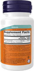 NOW Foods Zinc Picolinate 50 mg bottle, 30 vegan capsules for immune support