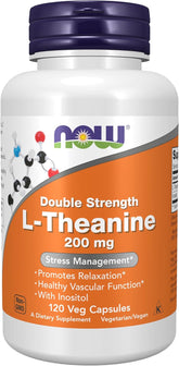 NOW L-Theanine 200 mg supplement bottle for relaxation and cognitive wellness support.