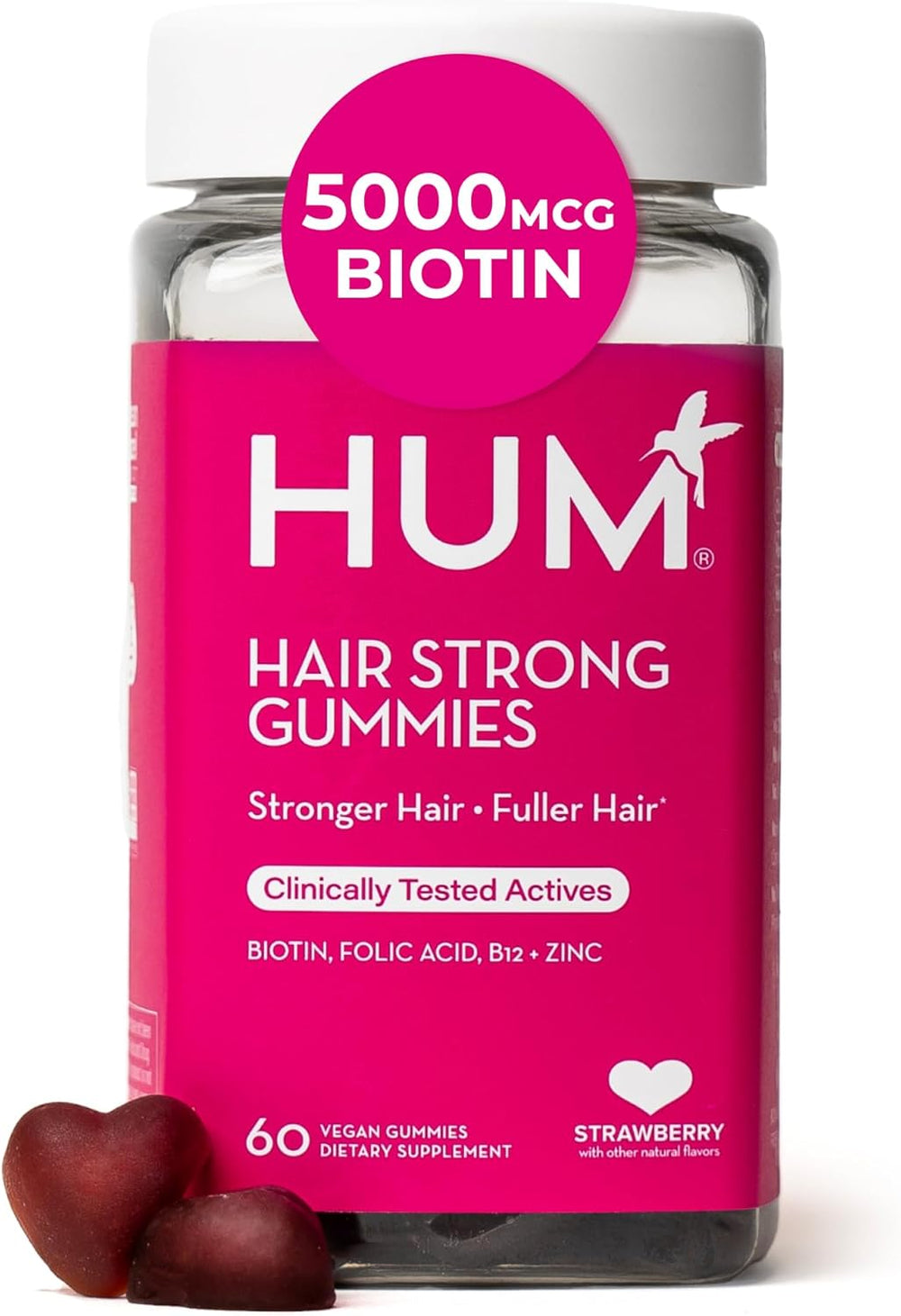 HUM Hair Strong Gummies arranged with vitamins and ingredients icons for hair wellness.