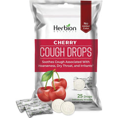 Close-up of Herbion Naturals Cherry Cough Drops showing natural ingredients and no artificial colors