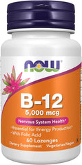 NOW Supplements Vitamin B-12 5000 mcg vegan lozenges with folic acid, 60 count