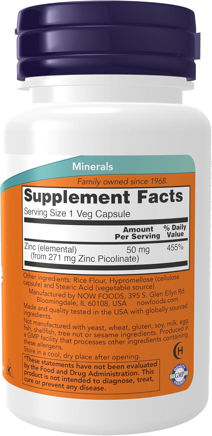 NOW Foods Zinc Picolinate 50 mg vegan capsules for enzyme function and skin wellness