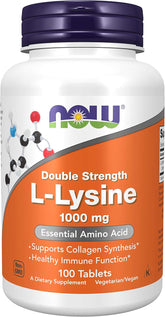 NOW Foods L-Lysine 1000 mg amino acid supplement tablets for connective tissue wellness.