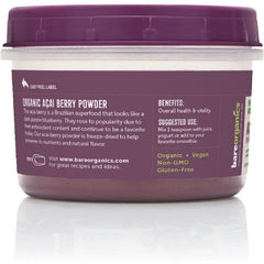 BareOrganics acai powder supplement, non-GMO and gluten free in resealable pouch