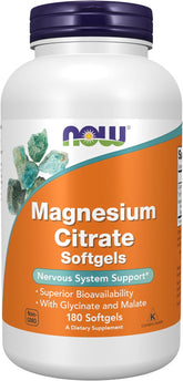 NOW Magnesium Citrate Softgels 180 count front bottle label