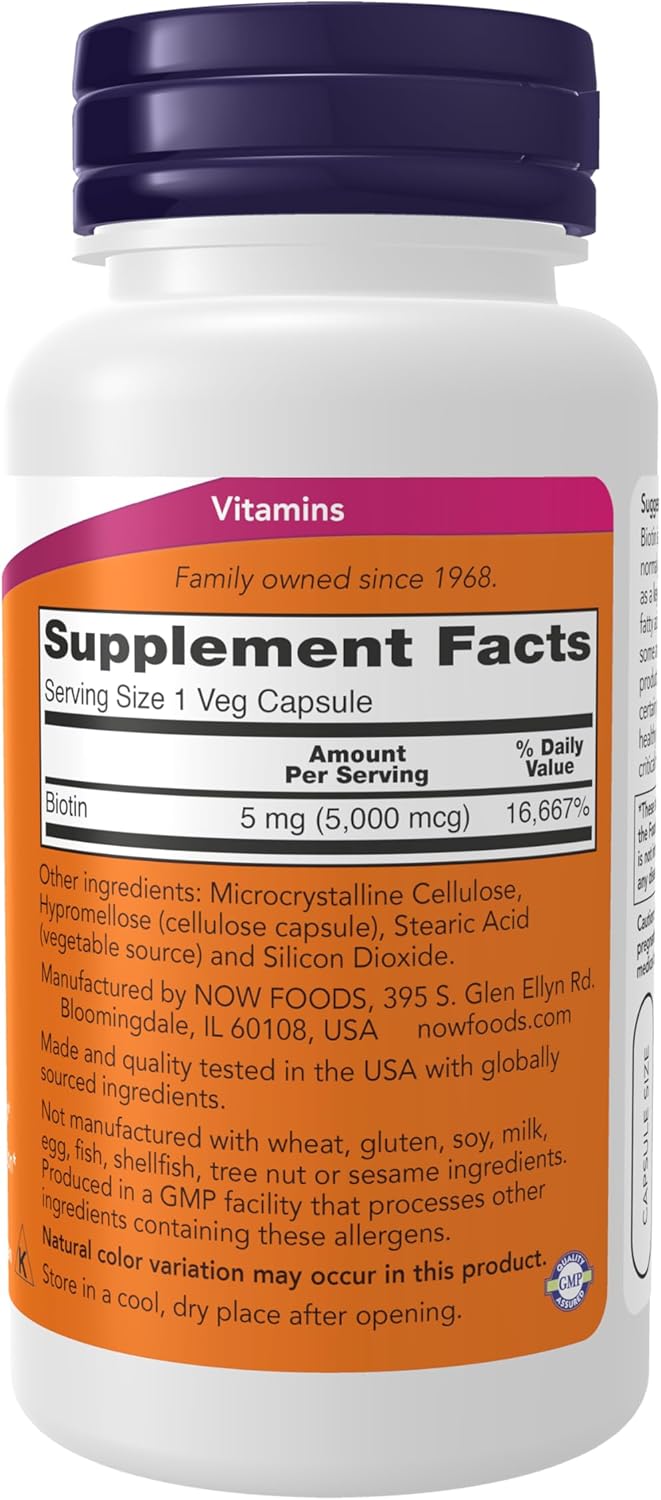 NOW Foods Biotin 5000 mcg bottle, 60 vegan capsules for hair skin and nails support